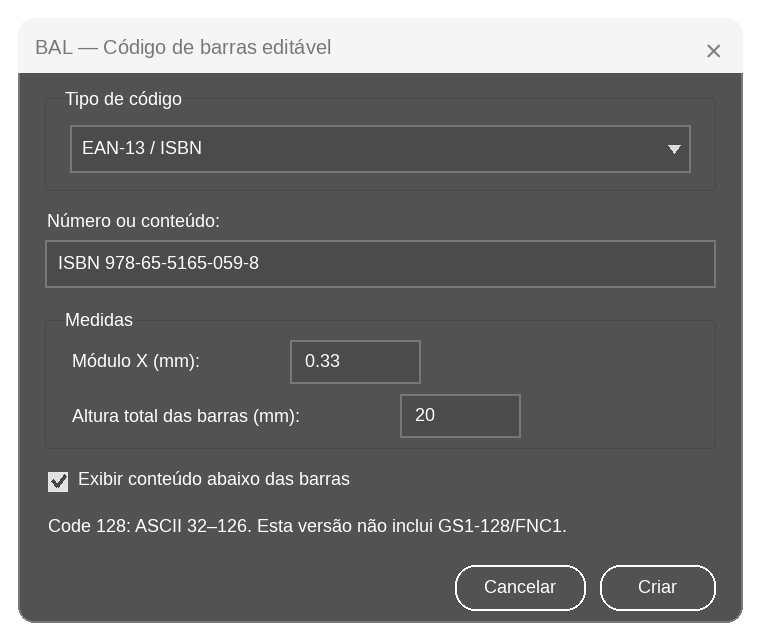Painel de configuração do BAL Barcode Pro