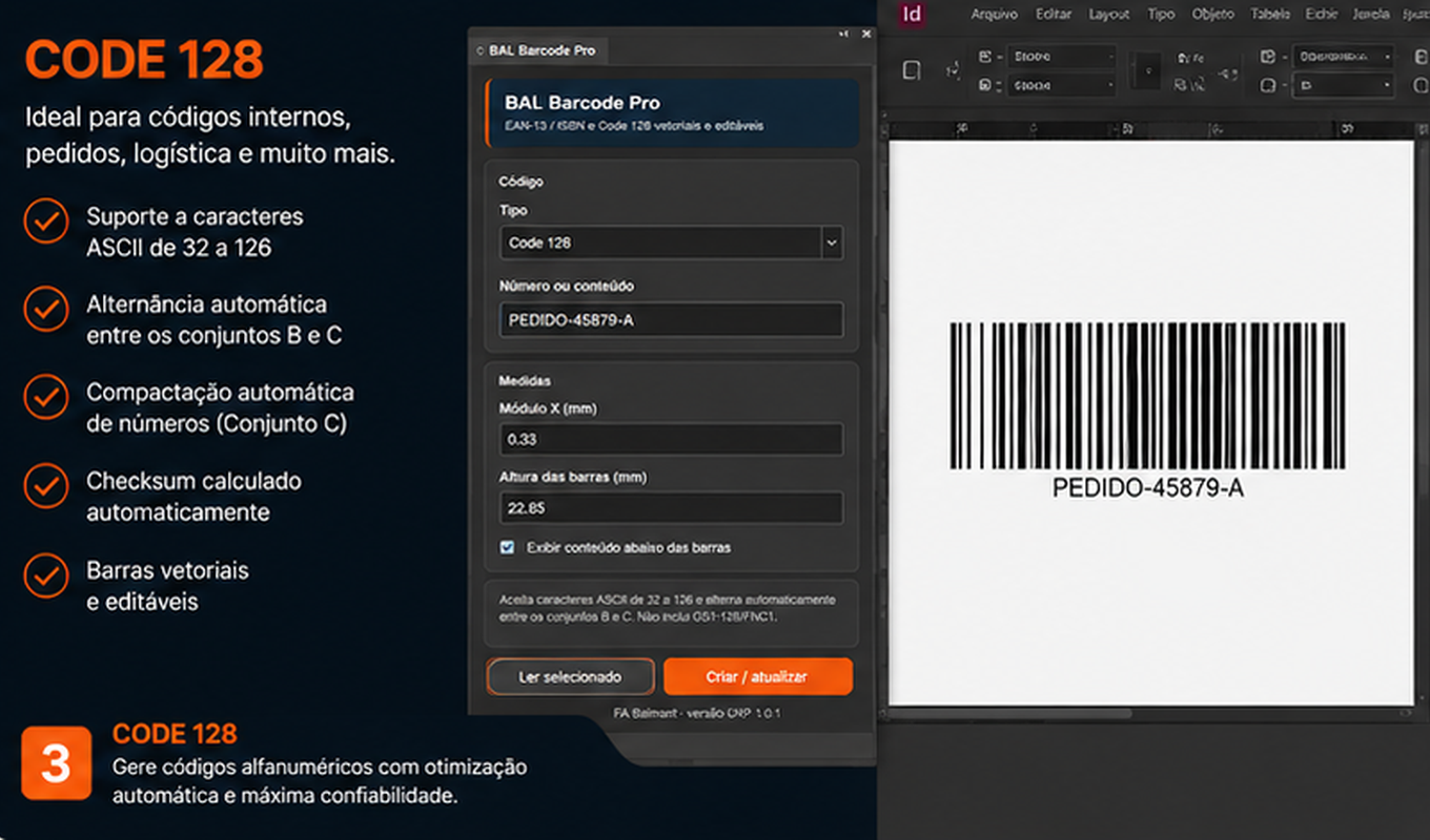 Interface do BAL Barcode Pro gerando um código Code 128 alfanumérico no Adobe InDesign