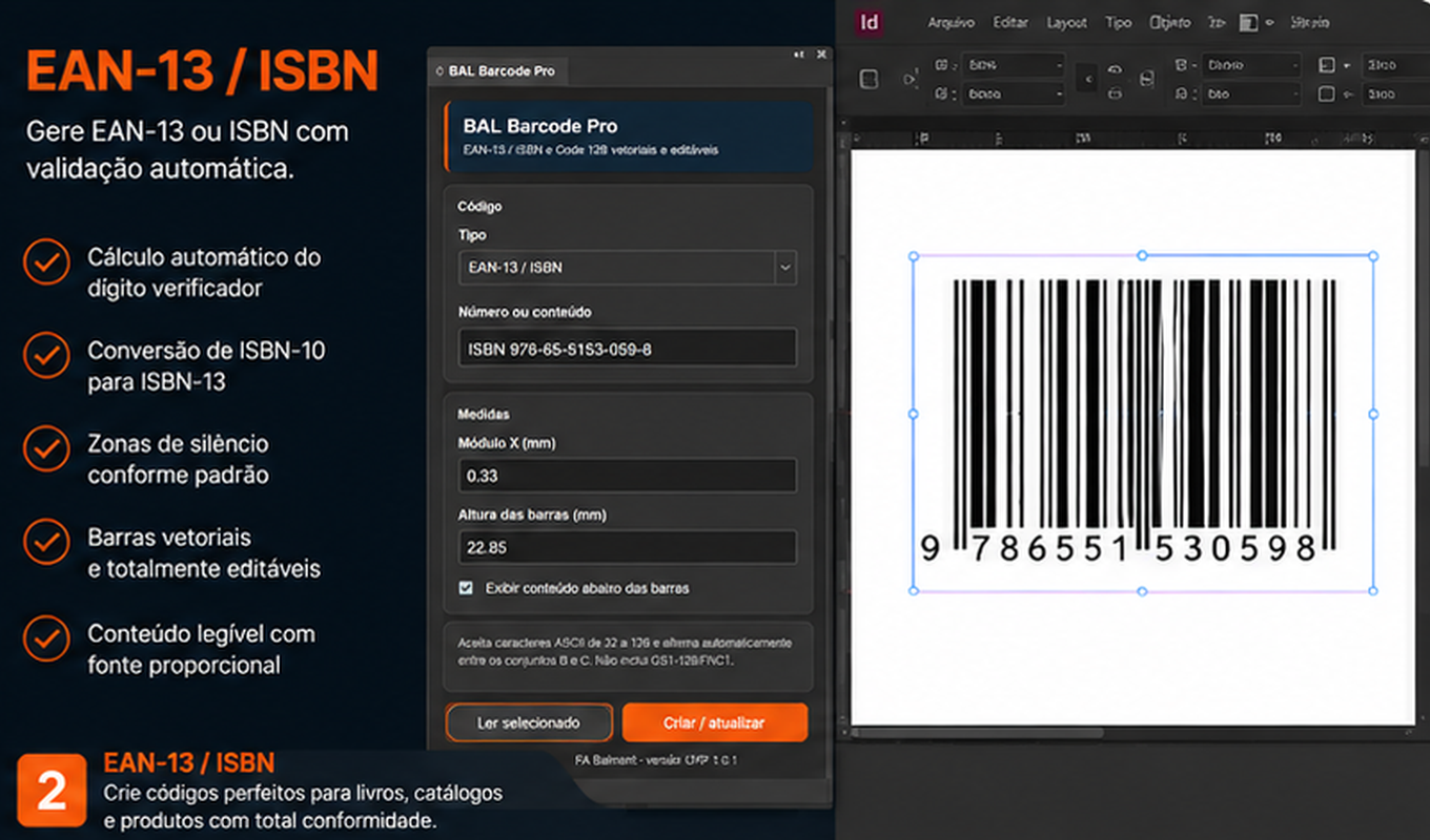 Interface do BAL Barcode Pro gerando um código EAN-13 e ISBN no Adobe InDesign