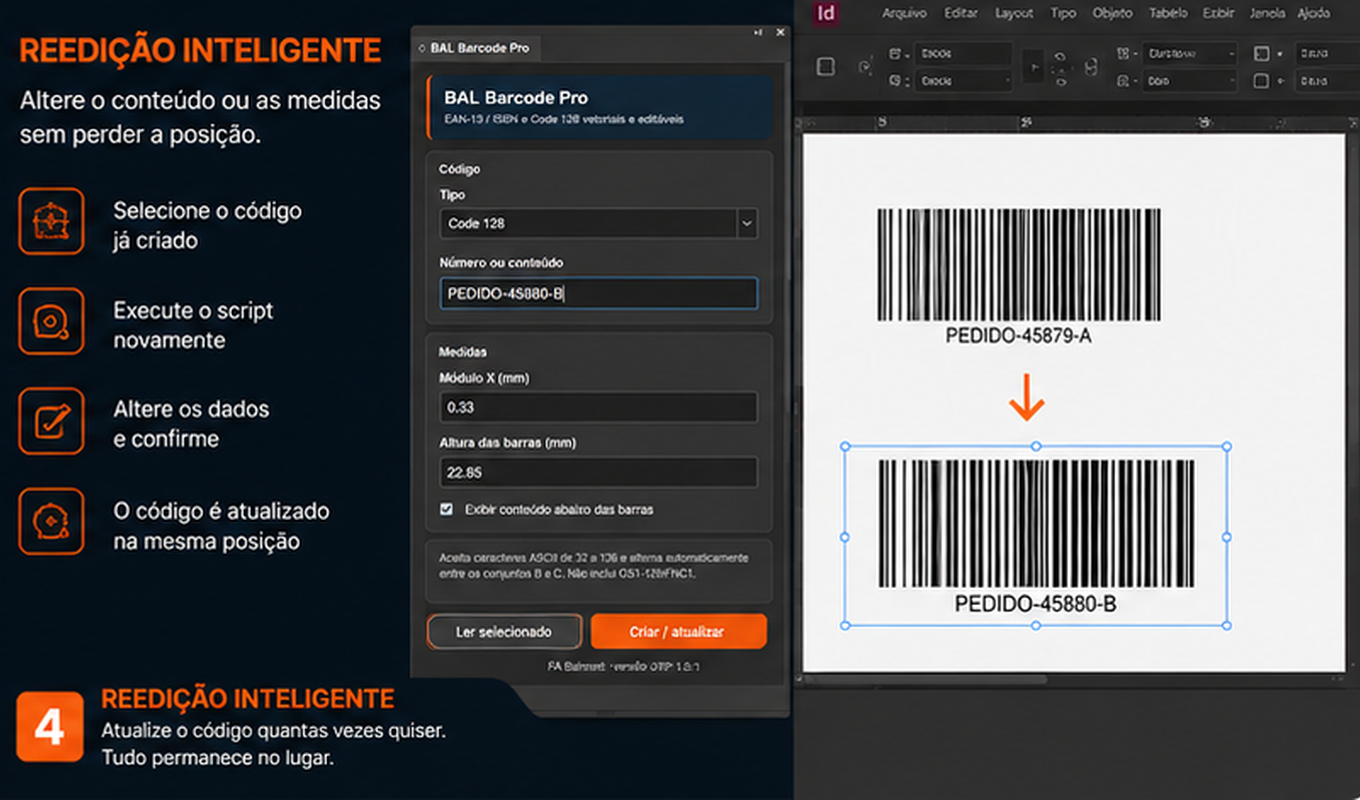 Demonstração da reedição inteligente de um Code 128 mantendo a posição no InDesign